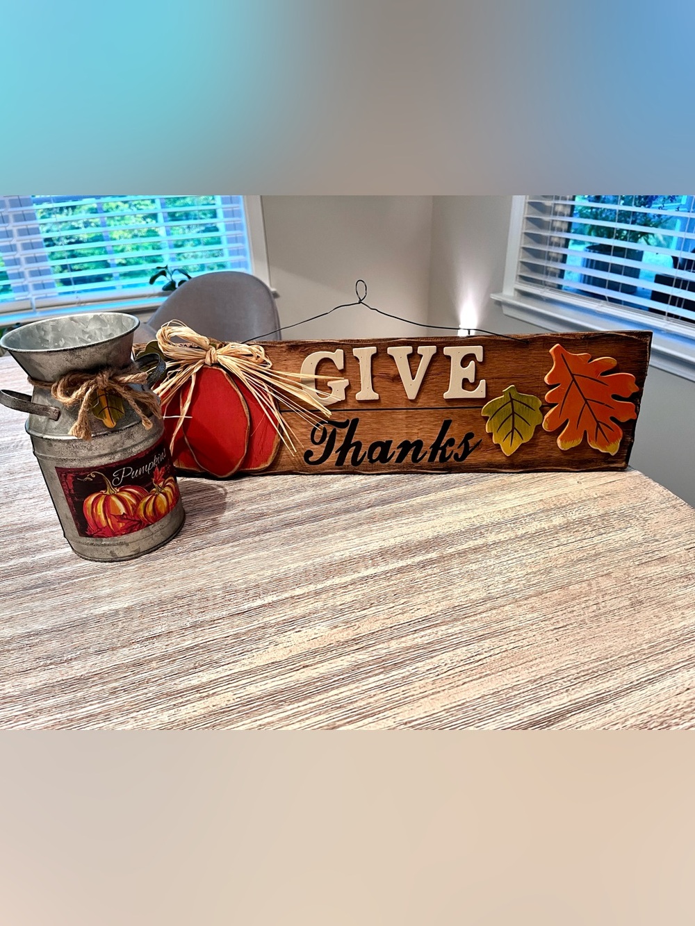 Fall Thanksgiving “Give Thanks” Wooden Holiday Sign and Galvanized Pumpkin Tin